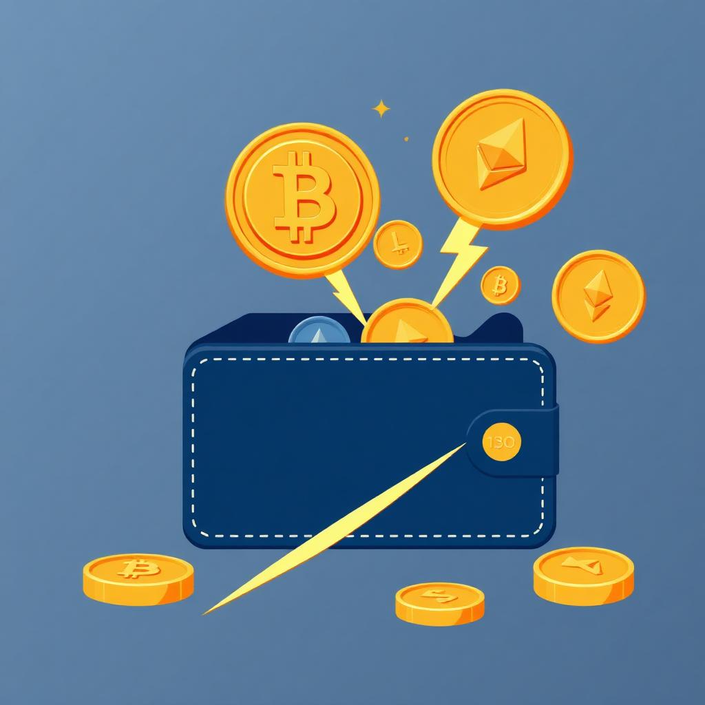 Illustration of Bitcoin, Ethereum and Litecoin coins flowing through a lightning bolt into a digital wallet