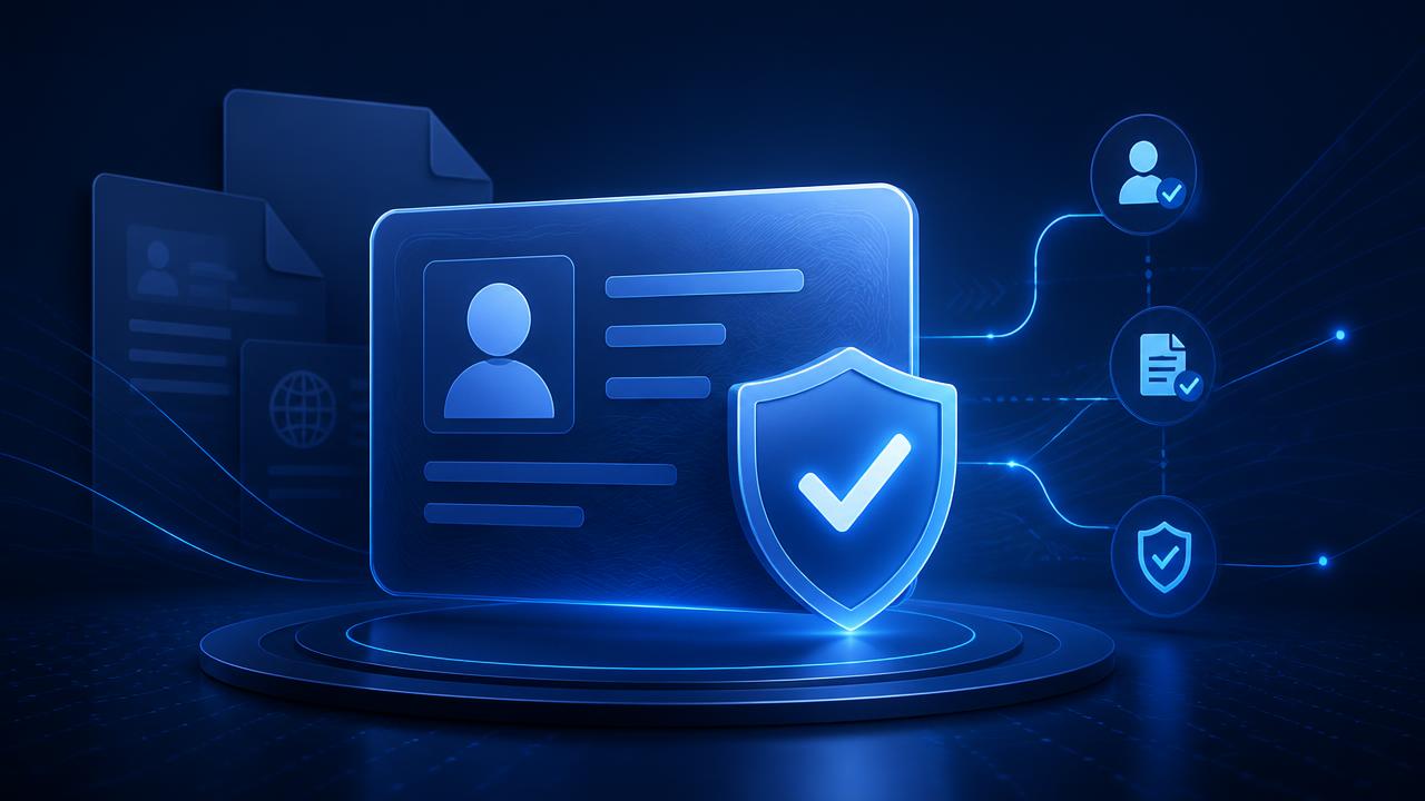 Illustration of a verified ID document with a shield checkmark, representing Stake KYC identity verification